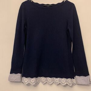 WHBM navy scalloped neckline. Navy/white striped wrists crocheted bottom Size SP